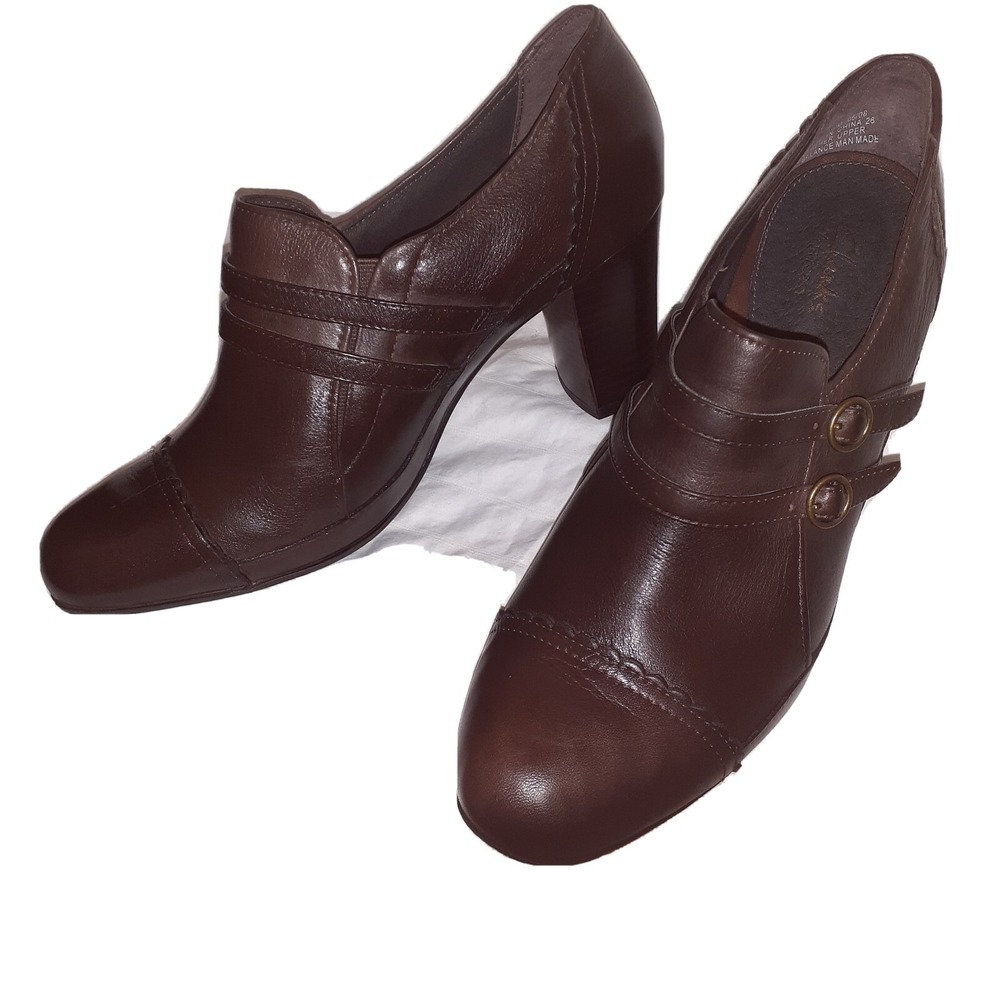 Clarks Stanhope Loafer Shoe Womens Dark Brown Leather Slip On Block Heel 10M NEW - Picture 2 of 15